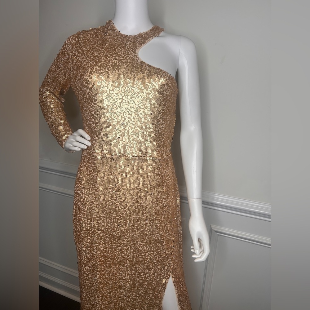 BCBGMAXAZRIA Women's Fit and Flare Floor Length Sequin Evening Gown Gold Sz.L - Picture 15 of 16